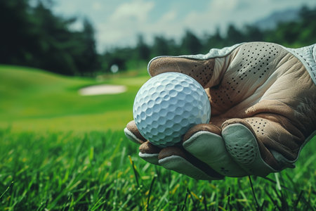 A person holds a golf ball firmly in their hand, showcasing the small size and dimpled texture of the golf ball, Hand holding a golf ball with glove, AI Generatedの素材