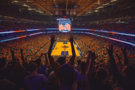 A Crowd of People at a Basketball Game, High-angle perspective of a basketball arena filled with cheering fans in a game night, AI Generatedの素材