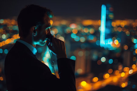 Man Standing in Front of City at Night Talking on Cell Phone, High profile man making an important phone call while overlooking city lights at night, AI Generatedの素材