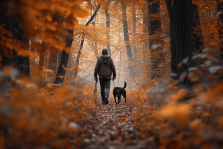 A person is walking a dog leash in hand, surrounded by trees and foliage in a forest setting, Hunter and his faithful hound tracking through an autumn forest, AI Generatedの素材