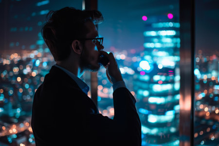 A man stands in front of a window, talking on his cell phone, High profile man making an important phone call while overlooking city lights at night, AI Generatedの素材