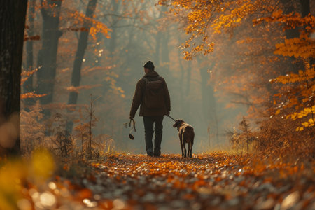 A man is seen walking a dog through a dense forest, surrounded by tall trees and green foliage, Hunter and his faithful hound tracking through an autumn forest, AI Generatedの素材