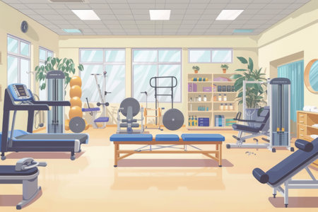 A Room Filled With Exercise Equipment, Illustrate a physical therapy room, filled with various exercise machines, AI Generatedの素材