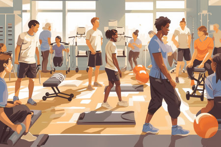 Group of People Performing Exercises in a Gym, Illustrate a physical therapy group class with diverse individuals, AI Generatedの素材