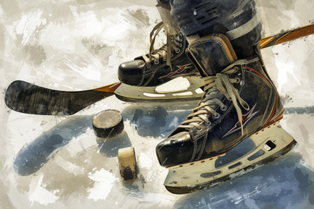 A realistic painting capturing the detailed depiction of a hockey goalies boots and puck, Illustration of a close-up of ice hockey gear, including skates, a helmet, and a hockey stick, AI Generatedの素材