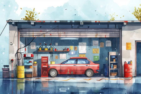 A realistic painting depicting a car parked at a gas station, with a person refueling the vehicle, Illustration of an auto repair shop purely using watercolor hues, AI Generatedの素材