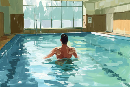 A Painting of a Man in a Swimming Pool, Illustration of hydrotherapy, a type of physical therapy, in a swimming pool, AI Generatedの素材