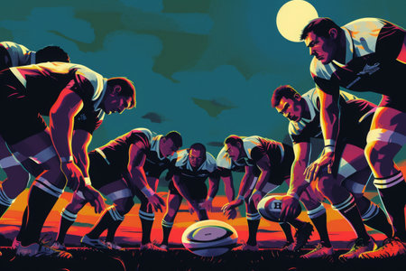 A Painting of a Group of Rugby Players, Illustration of a rugby team strategically planning their next move, AI Generatedの素材