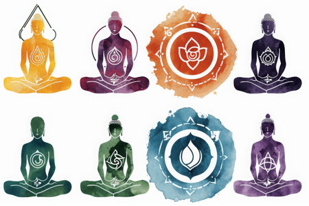 A diverse group of individuals sitting in various yoga poses on mats, Illustration of various yoga chakra symbols, AI Generatedの素材