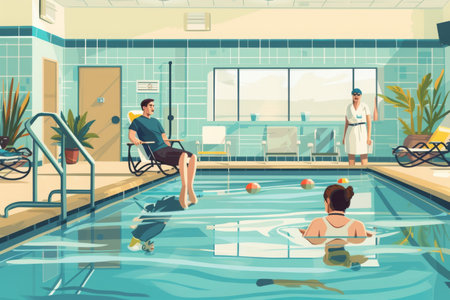 A man and a woman are enjoying themselves as they swim together in a pool on a sunny day, Illustration of hydrotherapy, a type of physical therapy, in a swimming pool, AI Generatedの素材