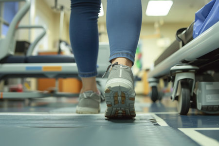 This close-up photo captures a person confidently walking on a conveyor belt, Image of a patient learning to walk again with the help of physical therapy, AI Generatedの素材