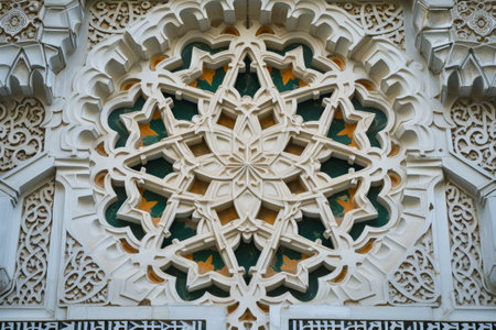 This photo captures a detailed close-up of a building featuring an ornate and decorative window, Intricate details of an Islamic geometric pattern, AI Generatedの素材