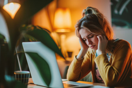A woman is shown sitting in front of a laptop computer, actively engaged in her work, Individual struggling with the challenges of remote work, AI Generatedの素材