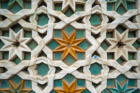 This photo showcases a detailed view of a decorative wall, highlighting its intricate design and craftsmanship, Intricate details of an Islamic geometric pattern, AI Generatedの素材