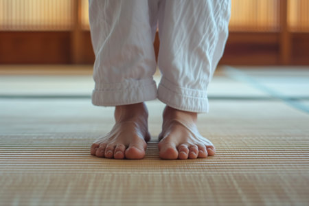 A person stands on a wooden floor, showcasing their balance and confidence, Karateka's barefoot on a tatami mat, AI Generatedの素材