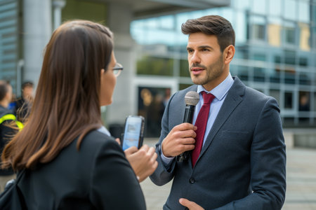 Businessman Talking to Woman in Formal Attire, Journalist in professional attire interviewing somebody important, AI Generatedの素材