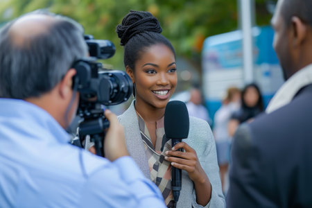 A woman engages in a conversation with a man, holding a microphone in her hand, Journalist in professional attire interviewing somebody important, AI Generatedの素材