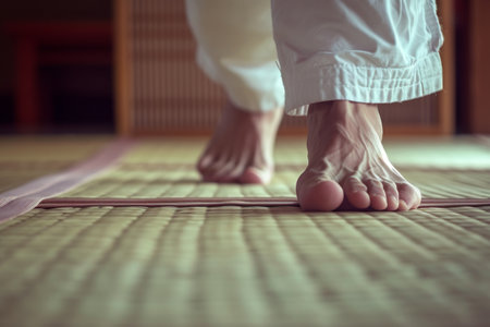 This photo captures a close-up view of a persons bare feet resting on a mat, Karateka's barefoot on a tatami mat, AI Generatedの素材
