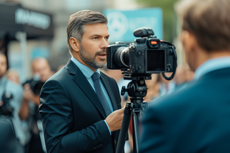A professional man dressed in a suit and tie stands confidently in front of a camera, ready for a formal photoshoot, Journalist in professional attire interviewing somebody important, AI Generatedの素材