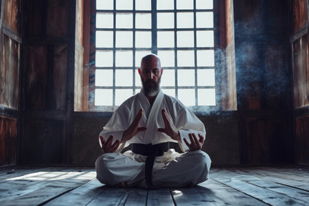 A man sitting on the floor in front of a window, absorbed in his thoughts, Karate master meditating before a fight, AI Generatedの素材