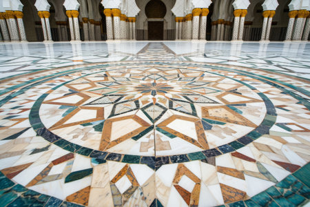 This photo shows the intricate circular design on the floor of a building, highlighting its architectural detail, Intricate geometric mosaic pattern inscribed on a marble mosque floor, AI Generatedの素材