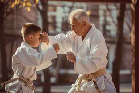 An older man is instructing a young boy in the art of karate, showing him proper techniques and forms, Karate master correcting the stance of a young student, AI Generatedの素材
