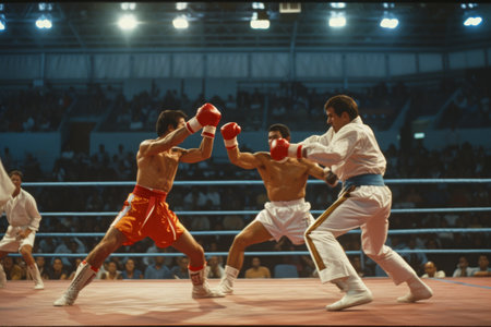 A group of men engaged in a lively game of boxing as they throw punches and dodge each others moves in an intense competition, Karatekas in mid-bout under the watchful eye of a referee, AI Generatedの素材