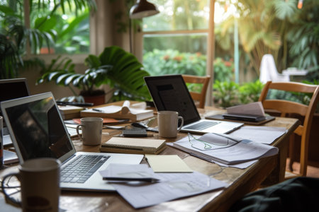 A wooden table filled with laptops and papers, creating a workspace for productivity, Laptops, coffee mugs and scattered papers on a dining table, AI Generatedの素材