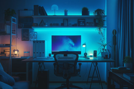 A functional room featuring a desk with a chair and a computer monitor, Late-night screen glow in a dark home office, AI Generatedの素材