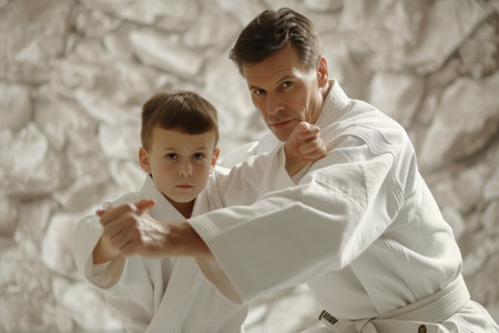 In this photo, a man is patiently instructing a young boy in the art of karate, demonstrating various techniques and forms, Karate master correcting the stance of a young student, AI Generatedの素材