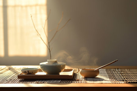 A table with a bowl and a spoon placed on top, ready for use, Minimalist art of a Chinese meal setting, AI Generatedの素材