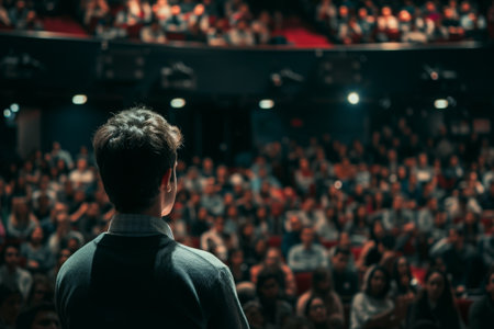 A man confidently stands before a large crowd, addressing them with determination, Man presenting a pitch in an auditorium filled with people, AI Generatedの素材