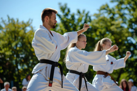 A group of individuals engaged in karate movements and techniques in front of an audience, Male and female karatekas demonstrating kata in unison, AI Generatedの素材