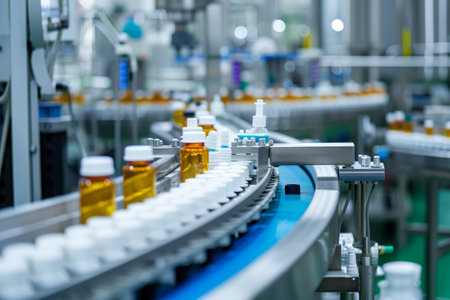 A busy factory scene, showing numerous bottles filled with liquid being processed and prepared for distribution, Pharmaceutical production line in a modern factory, AI Generatedの素材