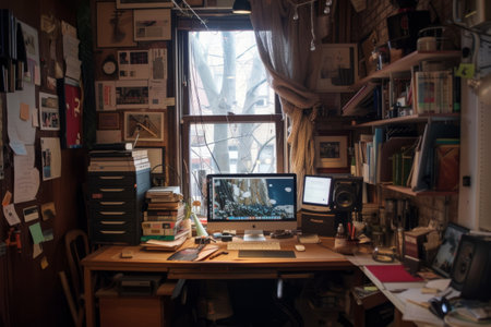 This photo features a desk with a computer placed on top, ready for use, Organised chaos of a shared home workspace, AI Generatedの素材