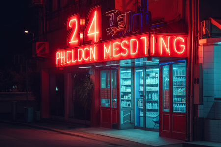 A neon sign illuminates the side of a building, creating a vibrant display of light, Neon sign of a 24-hour pharmacy during nighttime, AI Generatedの素材