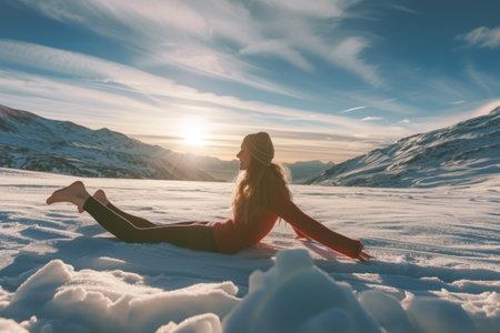 A woman sits in the snow, her legs crossed, as she experiences the wintry landscape, Outdoor yoga practice in snowy landscape, AI Generatedの素材