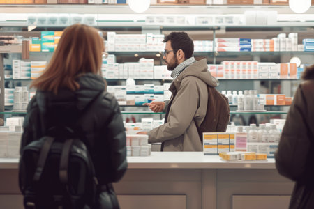 A man stands in front of a store counter, engaged in a transaction or conversation with the cashier, Pharmacist standing at the counter helping the customer, AI Generatedの素材