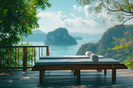 A bed placed on a wooden deck with a view of a body of water in the background, Picture an outdoor physical therapy session with a scenic background, AI Generatedの素材