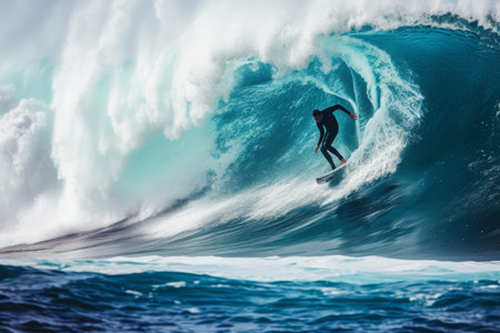 A man effortlessly balances on a surfboard while riding a powerful wave, Professional surfer wiping out as a wave crashes over them, AI Generatedの素材