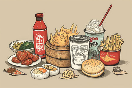 A display of assorted food items, including fruits, vegetables, meats, and bread, arranged neatly on a table, Pop culture-inspired drawing of Chinese fast food items, AI Generatedの素材