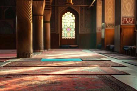 This photo shows a spacious room adorned with numerous rugs and featuring a striking stained glass window, Prayer rugs arranged in a serene mosque, AI Generatedの素材