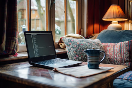 A laptop computer rests on a sturdy wooden table, creating a functional workspace, Representing solitude and independence in teleworking, AI Generatedの素材