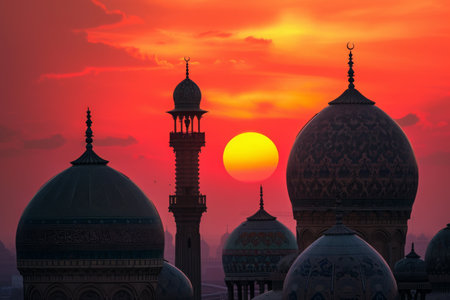 The sun is setting in the sky, casting a warm glow over a group of domes, Scenic sunset over an architectural landscape of domes and minarets, AI Generatedの素材