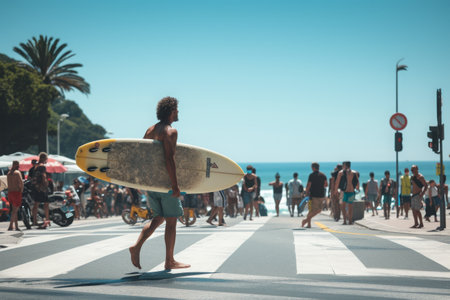 A man confidently walks across the street while holding a surfboard, Surfer crossing a crowded pedestrian crossing holding his surfboard under his arm, with the beach in the background, AI Generatedの素材