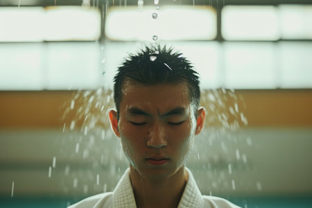 A man stands beneath a cascading shower of water, with droplets streaming down his face and body, Sweat drop falling from a karate practitioner's forehead, AI Generatedの素材