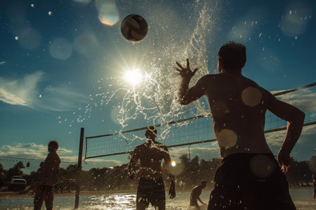 Group of People Engaged in a Game of Volleyball, Sweat-drenched athletes playing volleyball under a scorching summer sun, AI Generatedの素材