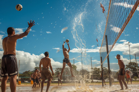 A group of young men actively playing a game of volleyball on a sandy beach under a clear blue sky, Sweat-drenched athletes playing volleyball under a scorching summer sun, AI Generatedの素材