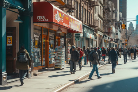 A diverse group of individuals walking together down a busy city street lined with towering skyscrapers, The exterior of a busy city pharmacy during daytime, AI Generatedの素材