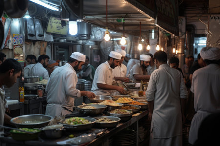 Group of Chefs Preparing Food in a Kitchen, The hustle and bustle inside a vibrant Islamic kitchen during Ramadan, AI Generatedの素材